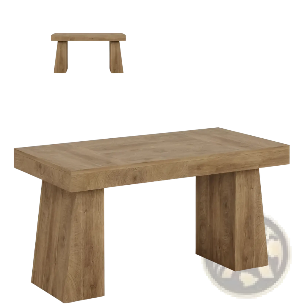 Rustic wooden desk with natural finish and sturdy thick legs made of solid wood for durable use