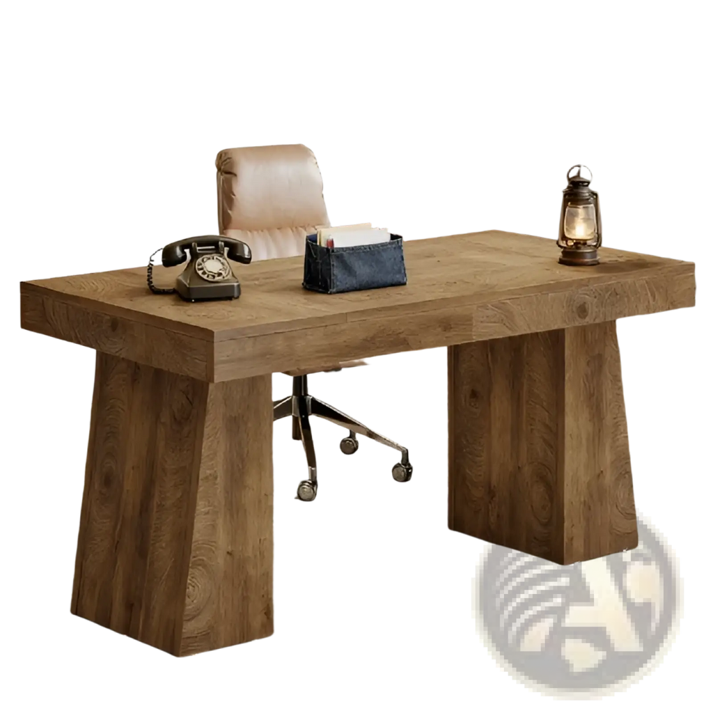 Rustic wooden desk with natural finish featuring thick solid legs and visible wood grain for sturdy workspace use
