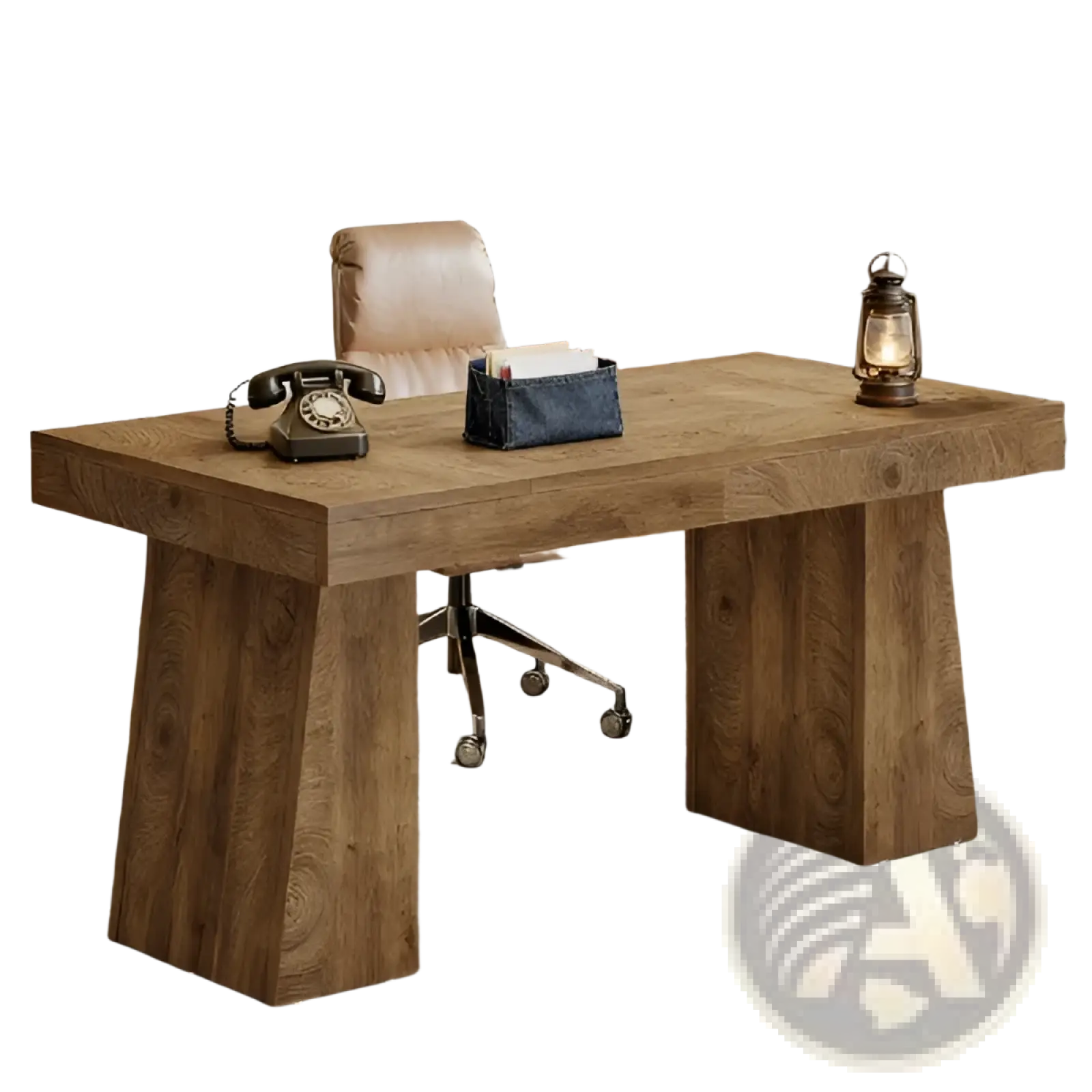 Rustic wooden desk with natural finish featuring thick solid legs and visible wood grain for sturdy workspace use