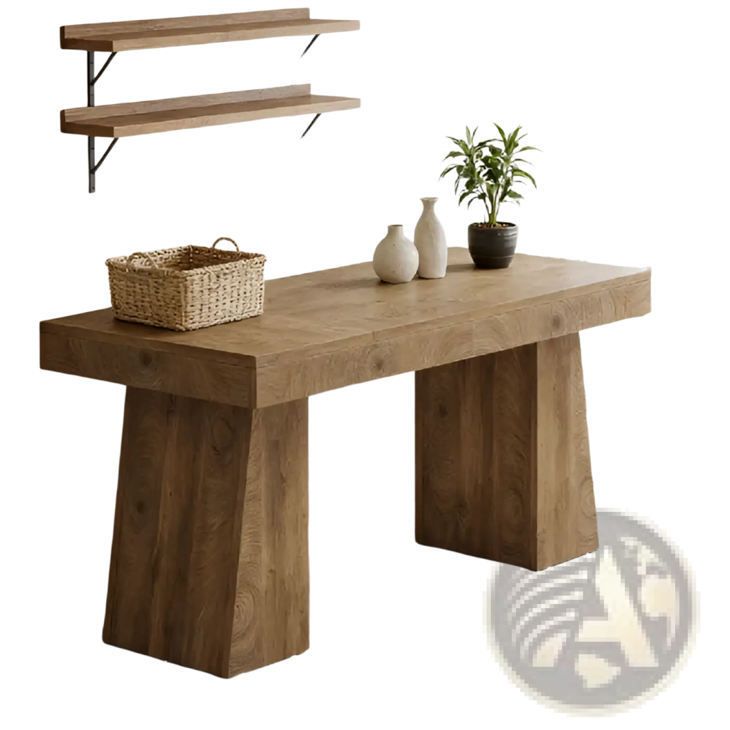 Rustic wooden desk with natural finish and sturdy thick solid legs crafted from solid wood for durability