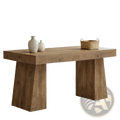 A rustic wooden desk with a natural finish and sturdy blocky legs made of solid wood