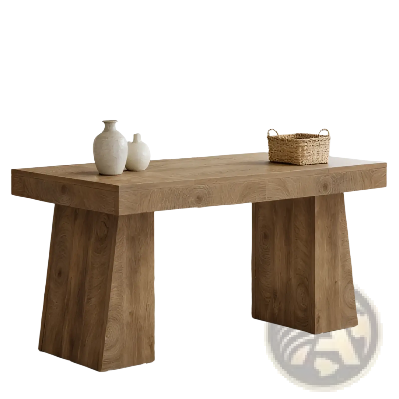 A rustic wooden desk with natural finish and sturdy blocky legs ideal for home or office use