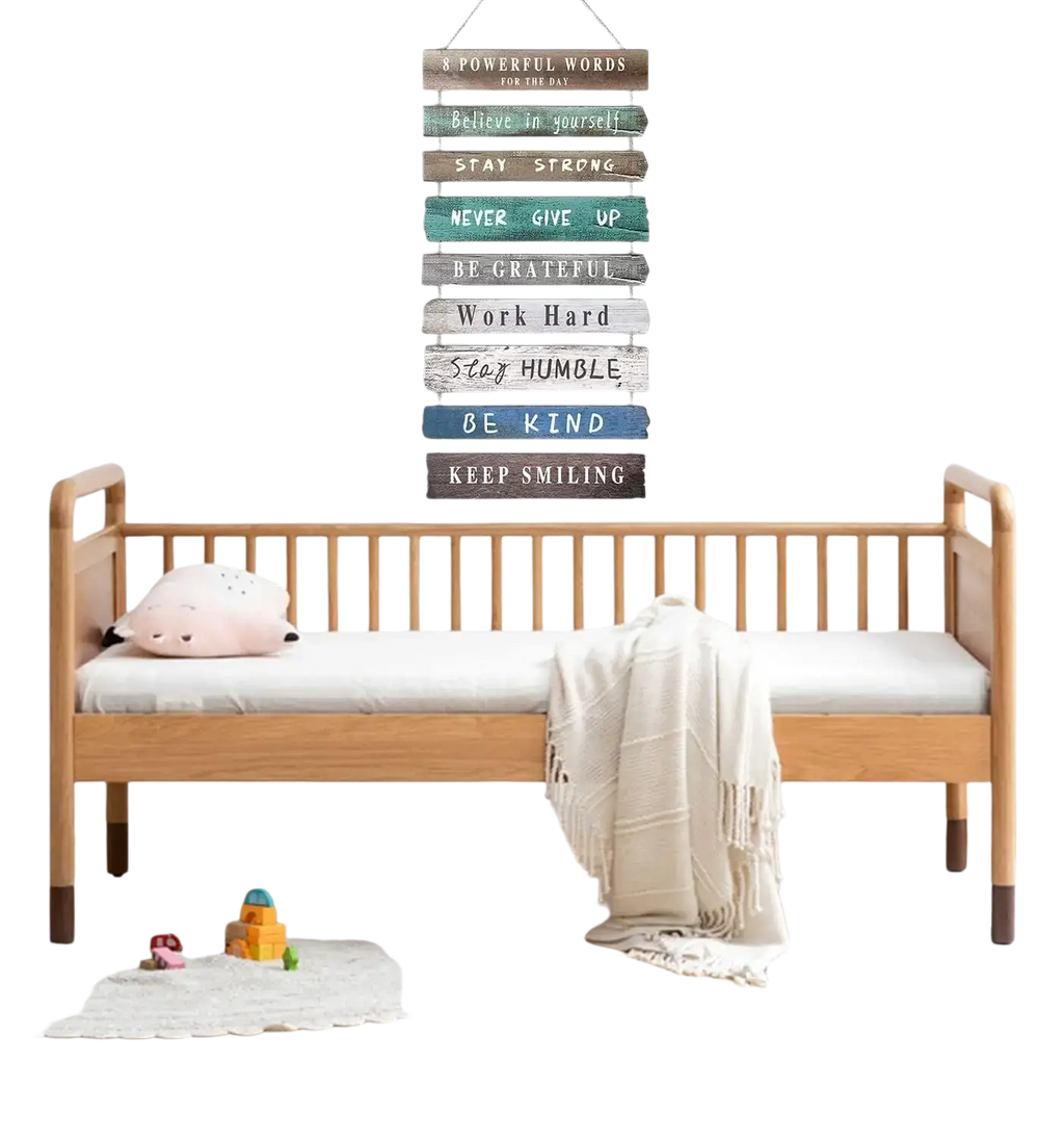 Rustic wooden wall art featuring eight horizontal planks with inspirational phrases in teal gray and blue tones