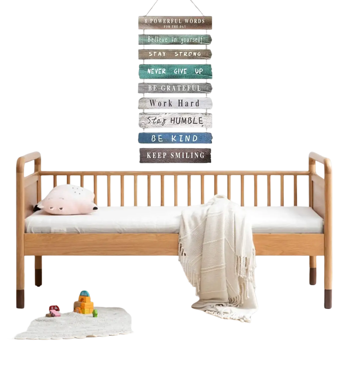 Rustic wooden wall art featuring eight horizontal planks with inspirational phrases in teal gray and blue tones