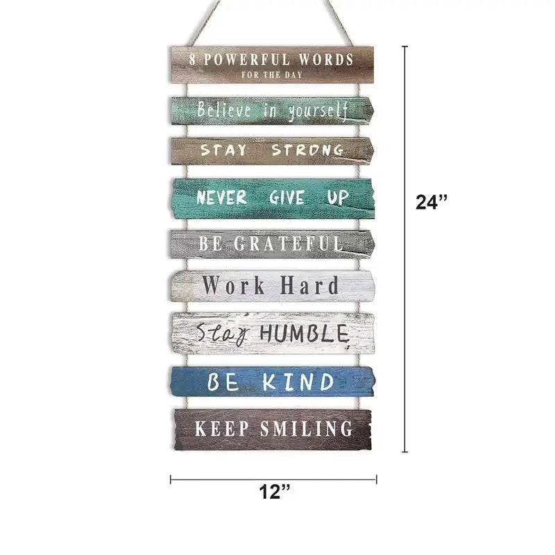 Rustic wooden wall art featuring eight weathered planks in teal gray and brown with motivational phrases in white lettering