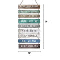 Rustic wooden wall art featuring eight weathered planks in teal gray and brown with motivational phrases in white lettering