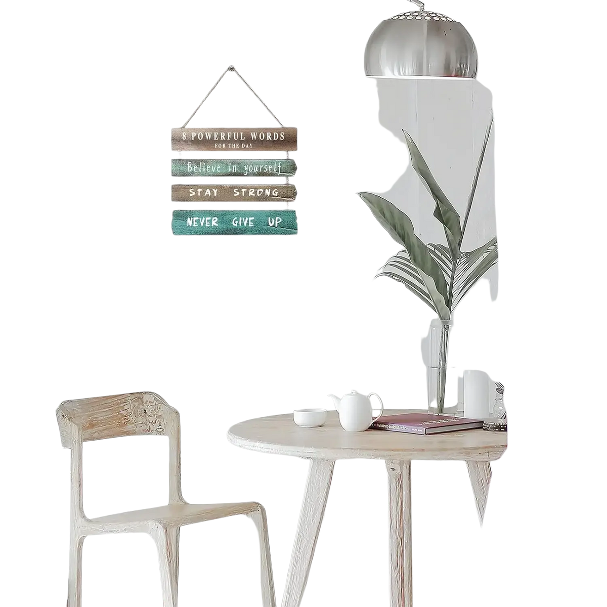 Rustic wooden inspirational wall art featuring eight horizontal planks with colorful motivational phrases in brown teal white and navy blue