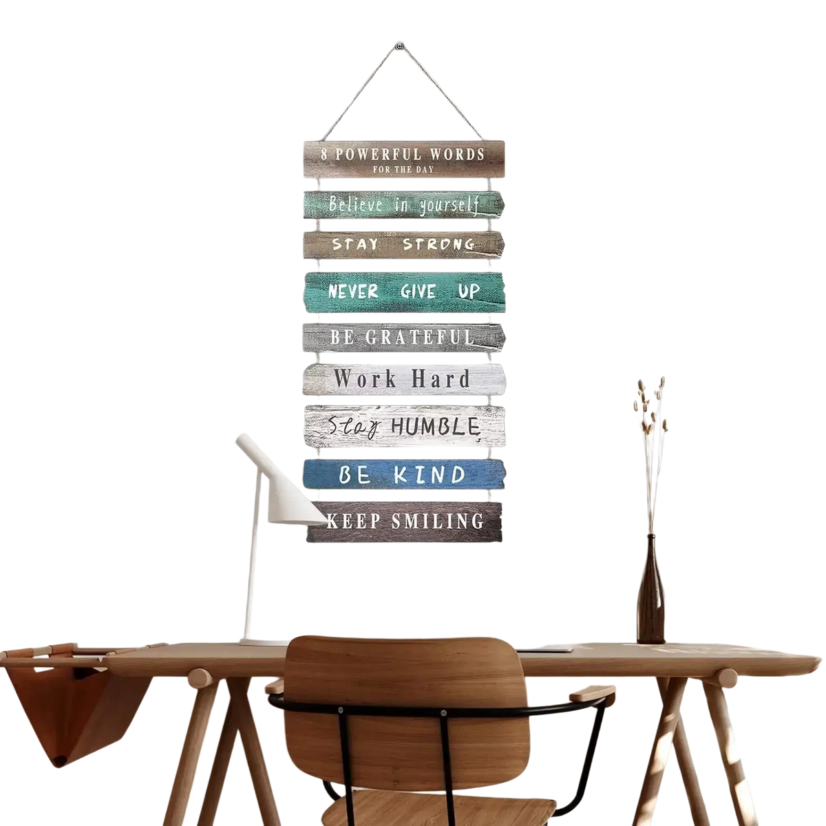 Rustic wooden wall art featuring motivational phrases with varied colors and distressed finishes for home decor