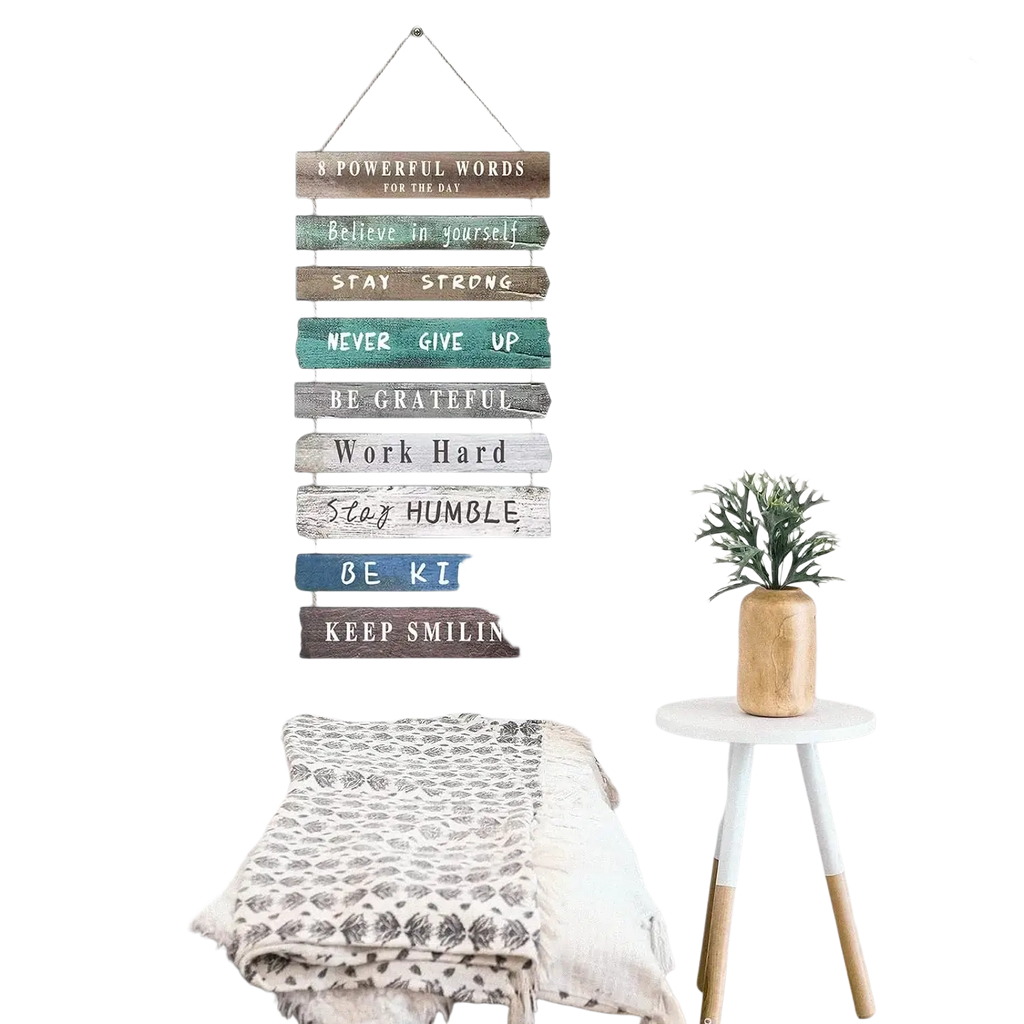 Rustic wooden wall art featuring motivational phrases on weathered brown teal and gray planks for inspirational decor