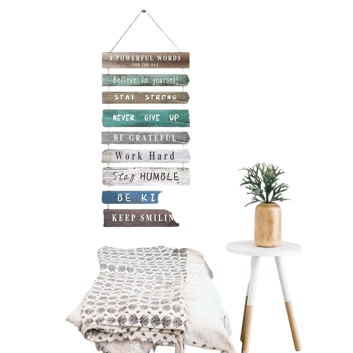Rustic wooden wall art featuring motivational phrases on weathered brown teal and gray planks for inspirational decor