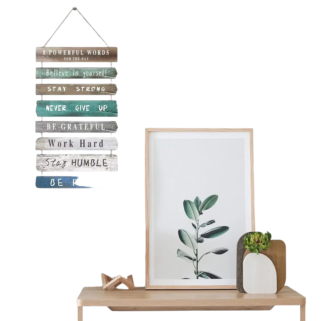 Rustic wooden inspirational wall art featuring eight earthy tone planks with engraved motivational phrases