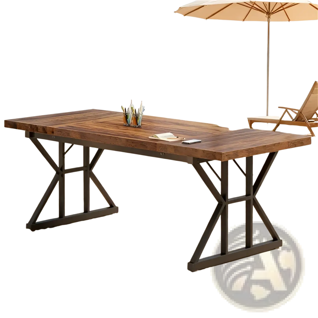 Rustic wooden office desk with black metal x-shaped legs on a sturdy wooden tabletop
