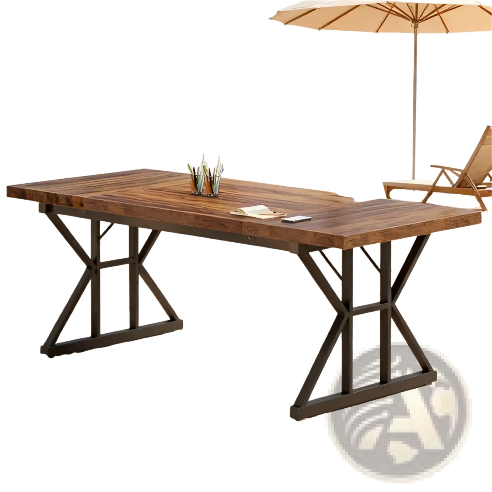 Rustic wooden office desk with black metal x-shaped legs on a sturdy wooden tabletop