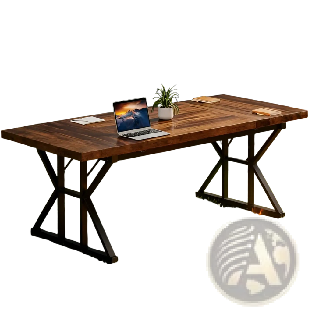 Rustic wooden office desk with black metal x-shaped legs on a rustic wooden table surface