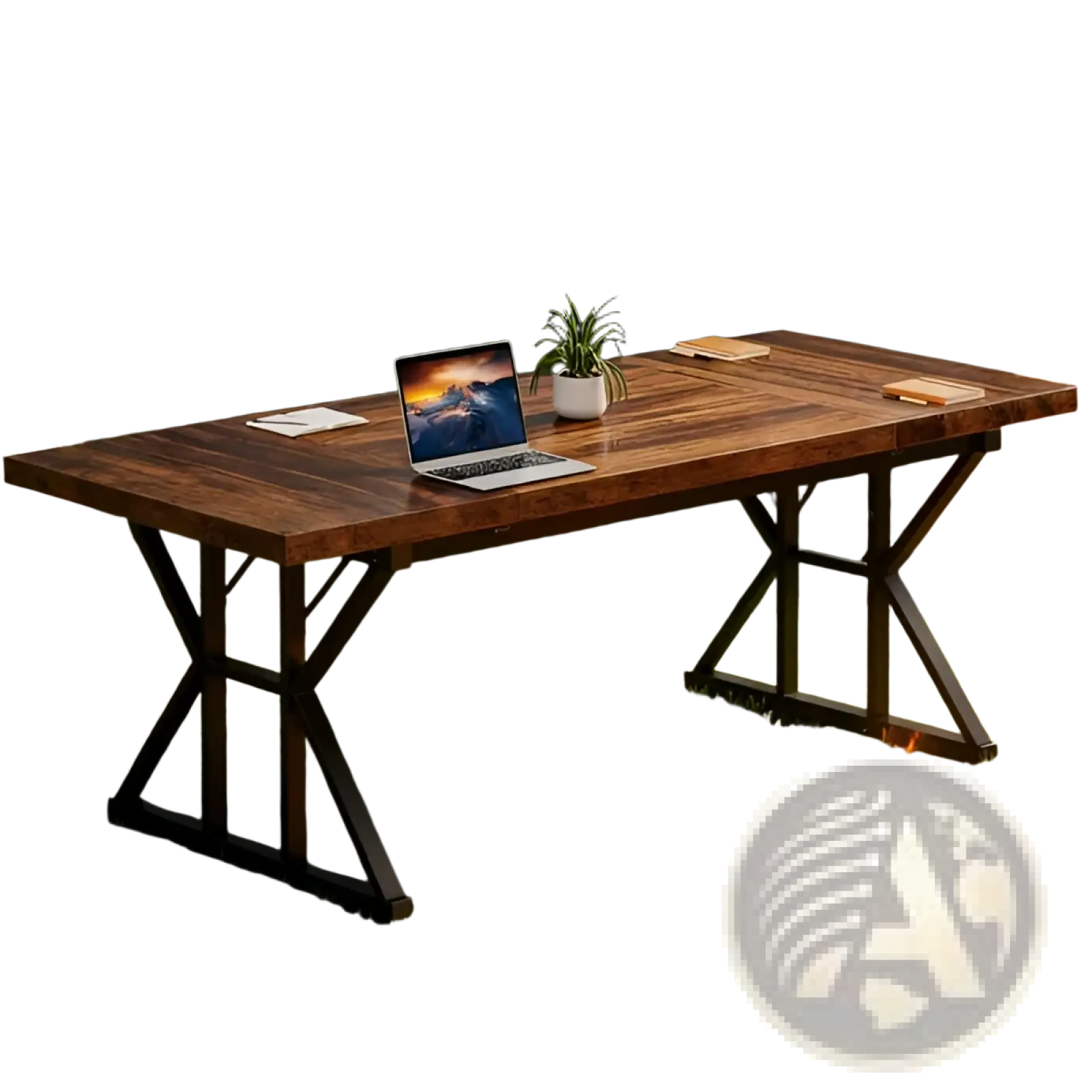 Rustic wooden office desk with black metal x-shaped legs on a rustic wooden table surface