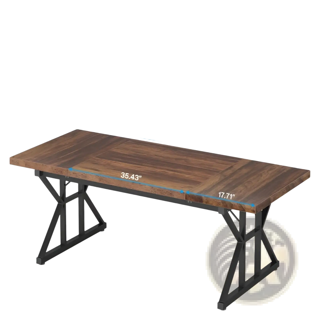 Rustic wooden office desk with black metal x-frame legs and distressed finish ideal for a work environment