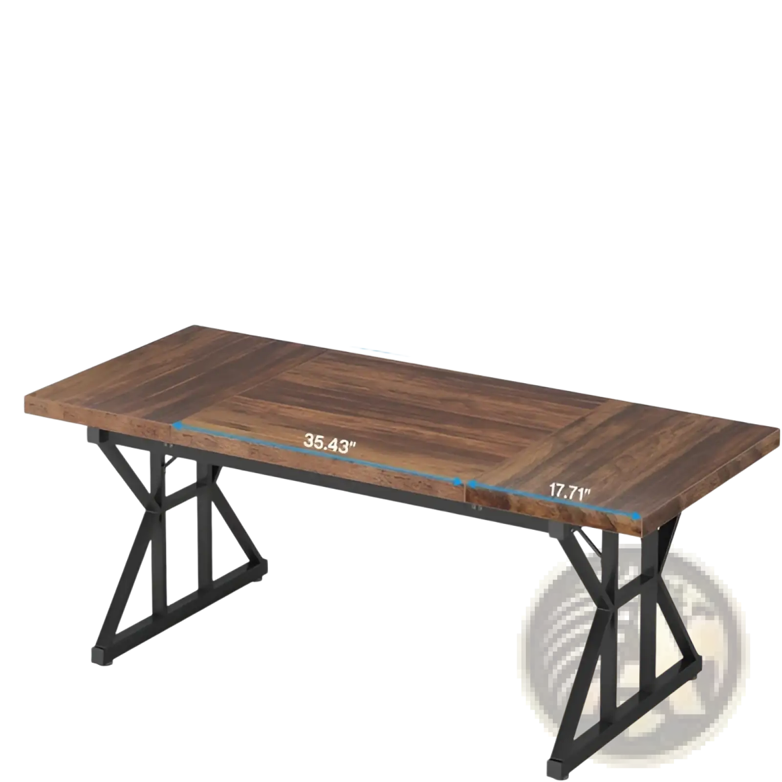 Rustic wooden office desk with black metal x-frame legs and distressed finish ideal for a work environment