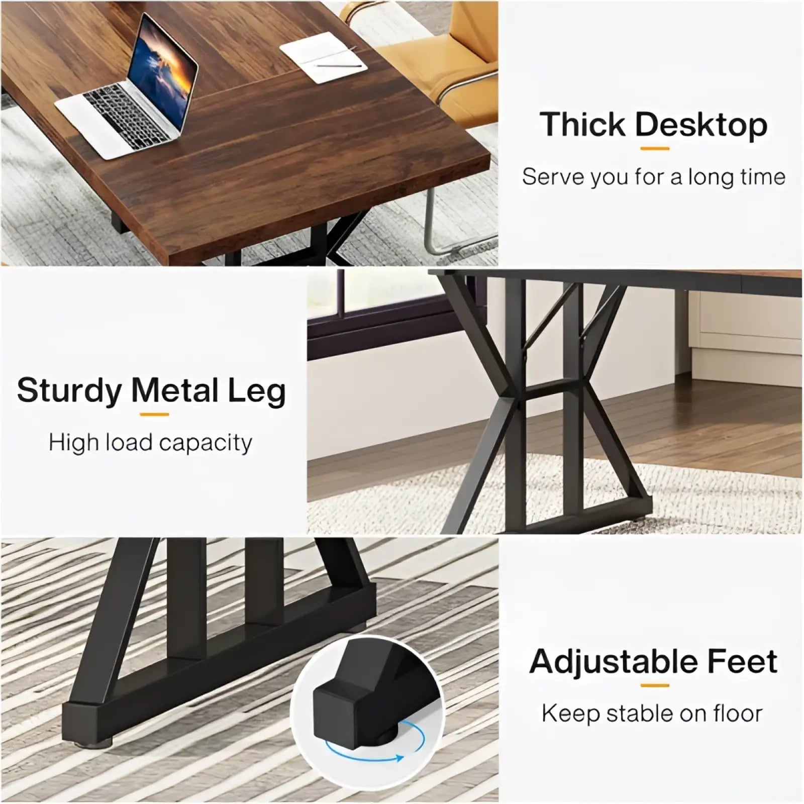 Rustic wooden office desk with dark wood top, black metal x legs, sturdy frame, and adjustable feet for stability