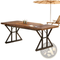 Rustic wooden office desk with black metal x-shaped legs on a rustic wooden table surface