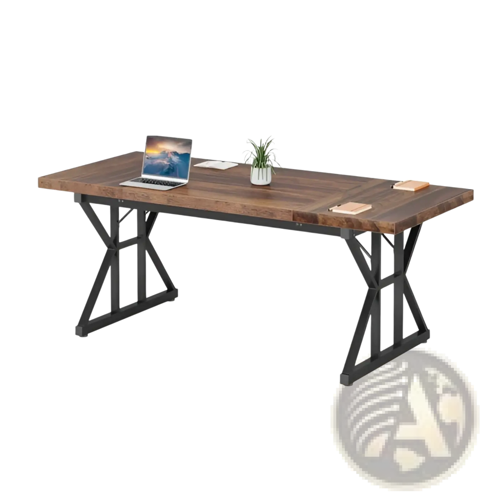 Rustic wooden office desk with black metal x legs featuring a sturdy wooden top and industrial style frame