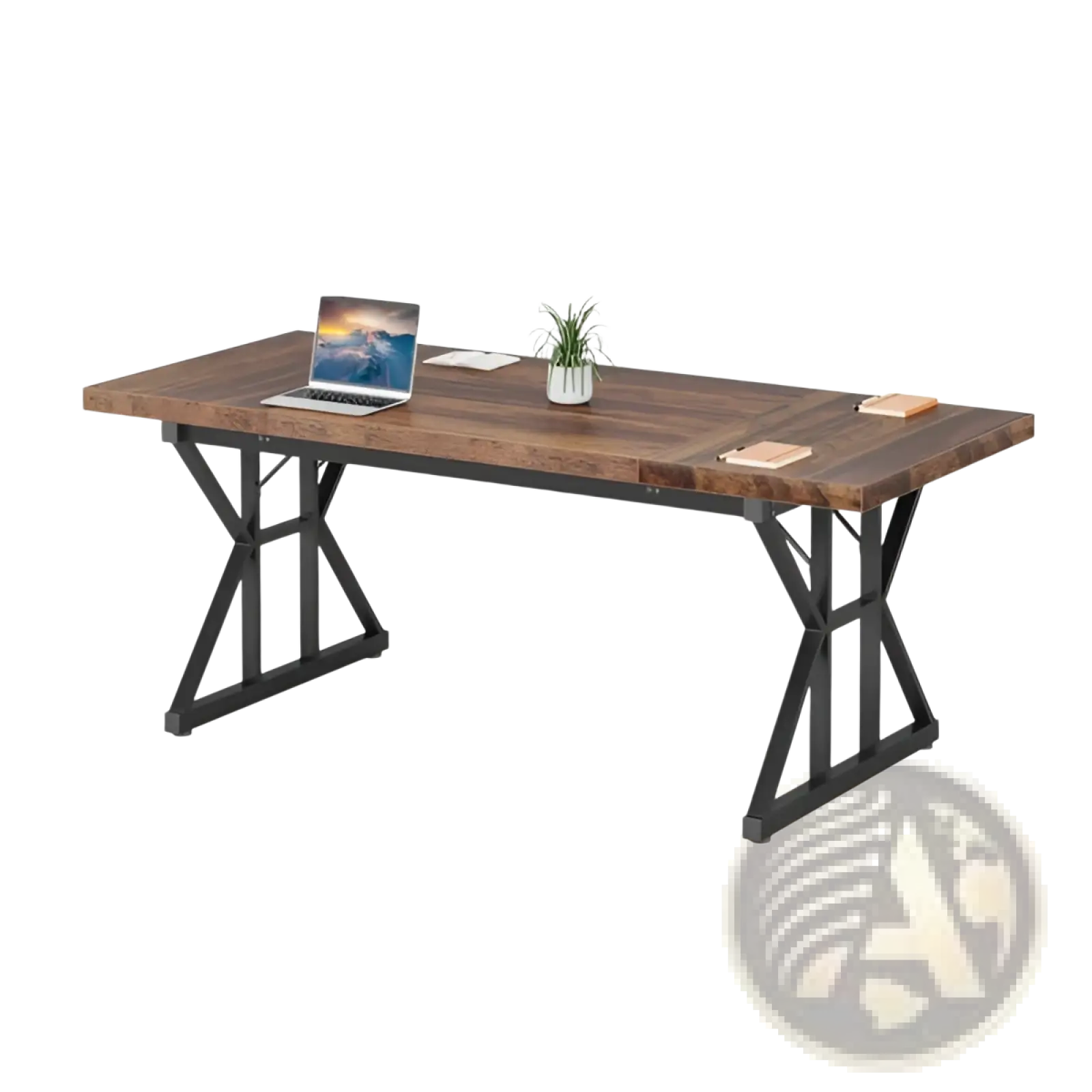 Rustic wooden office desk with black metal x legs featuring a sturdy wooden top and industrial style frame