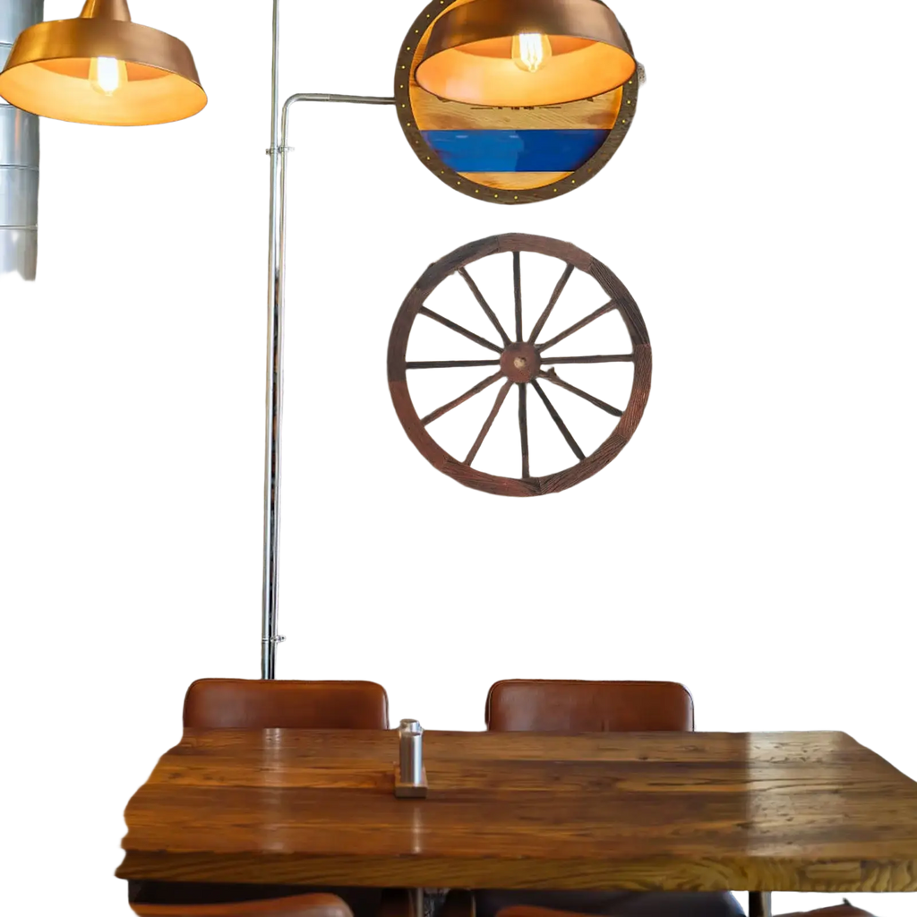 Rustic wooden wagon wheel wall decor mounted on a brick wall featuring natural wood and vintage style