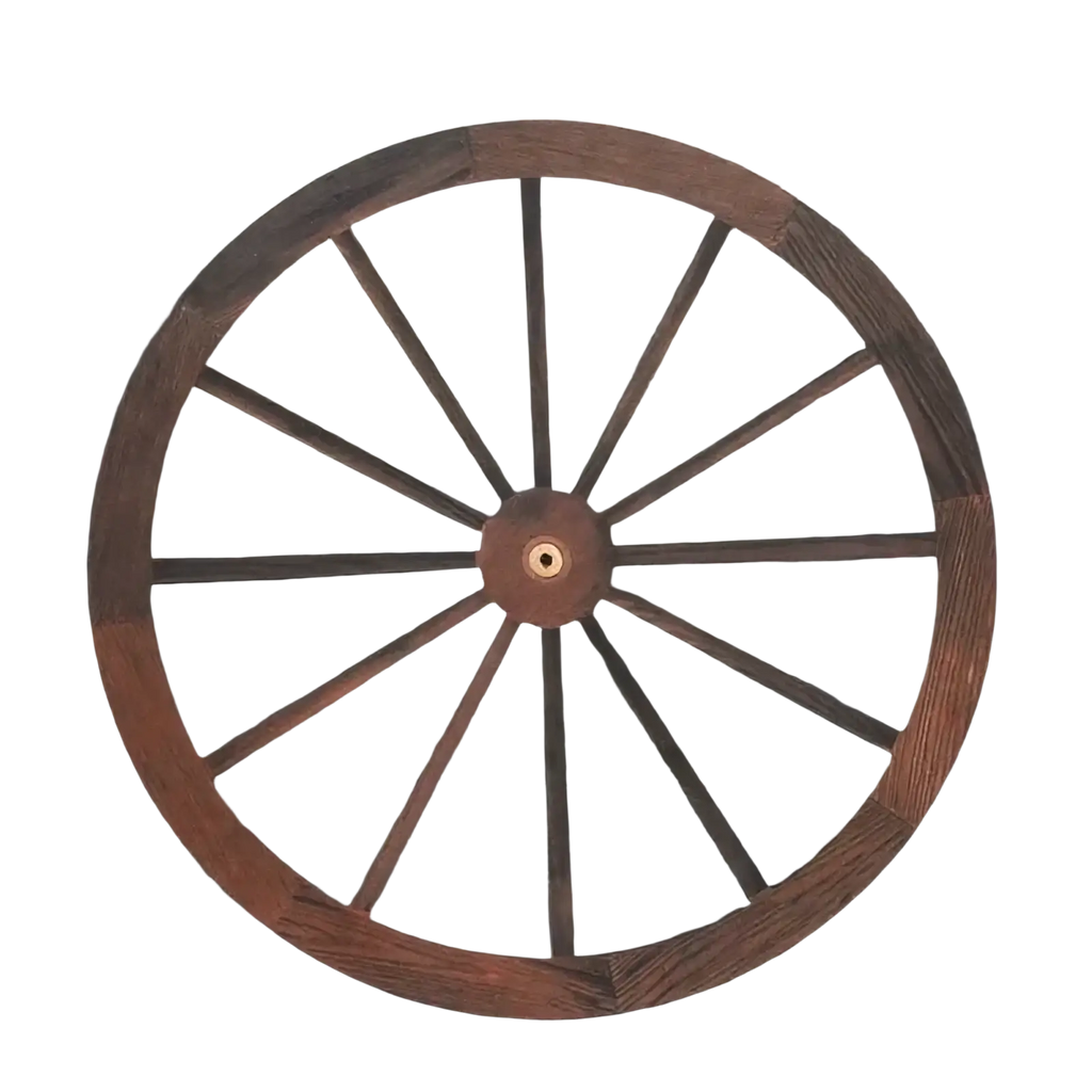 Rustic wooden wagon wheel wall decor featuring a brown wooden wheel with a central hub and radial spokes
