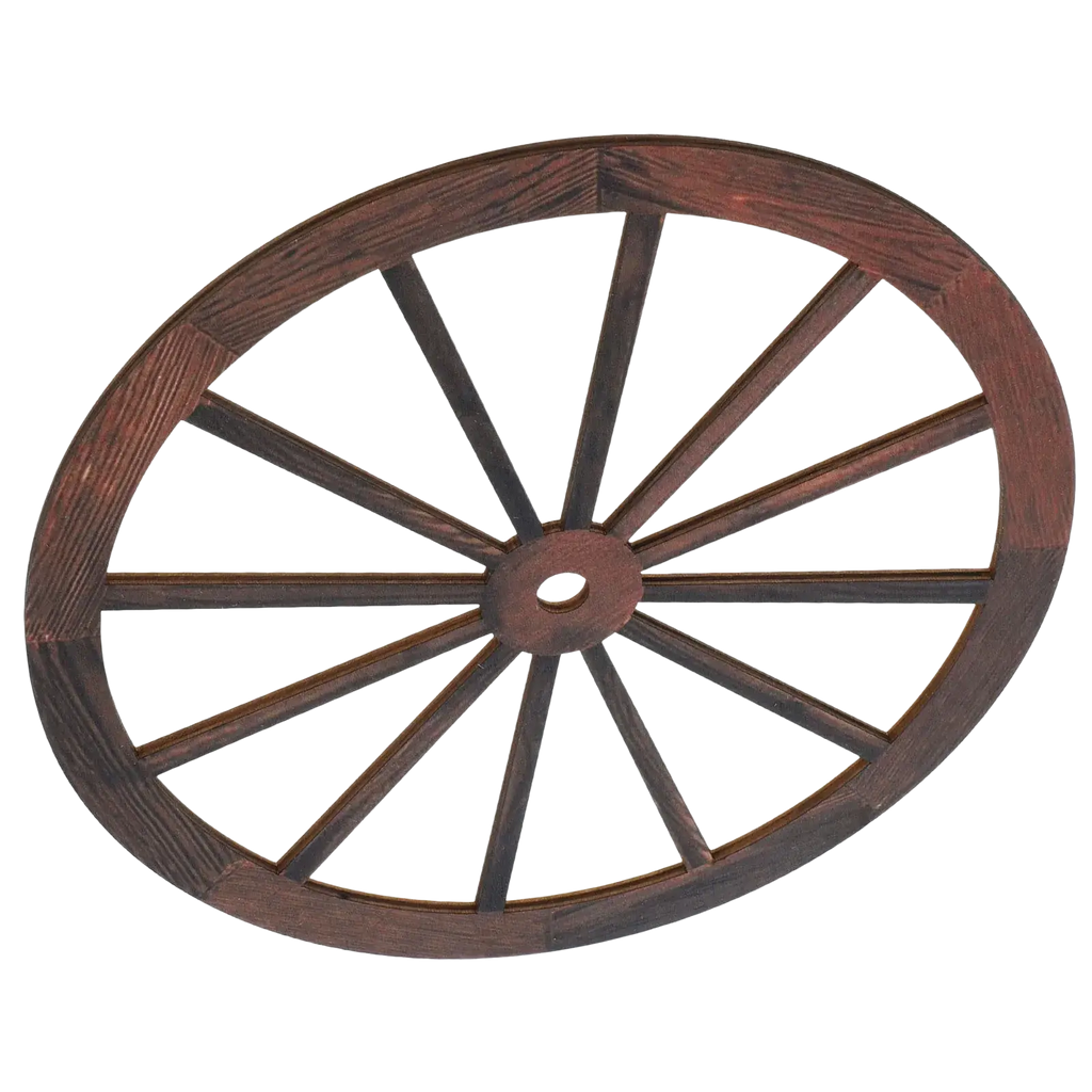 Dark brown rustic wooden wagon wheel wall decor with weathered finish and visible grain texture