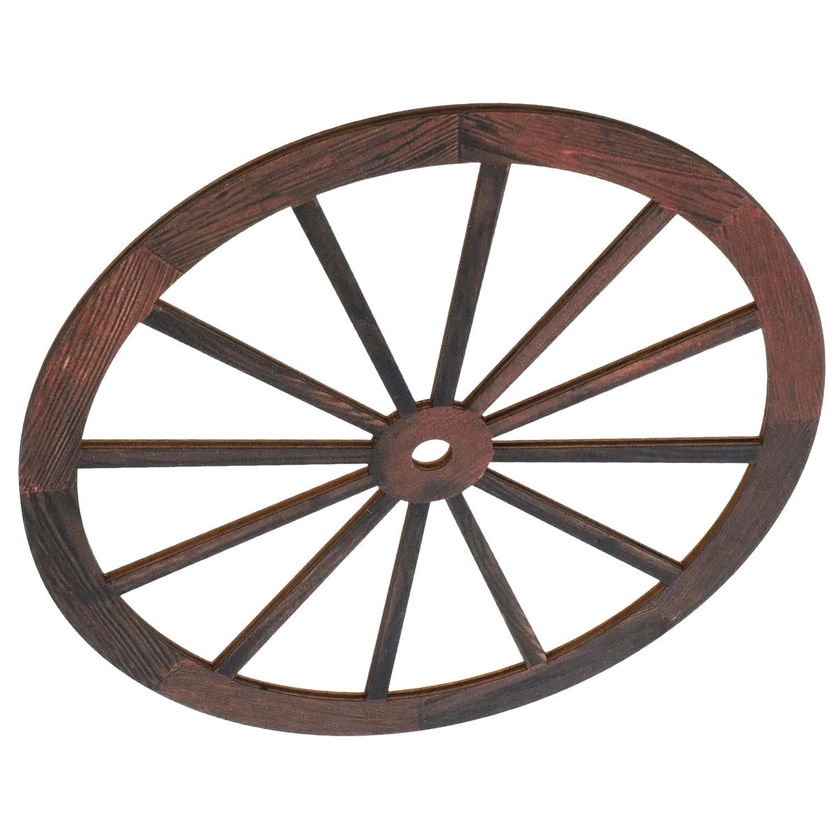 Dark brown rustic wooden wagon wheel wall decor with weathered finish and visible grain texture