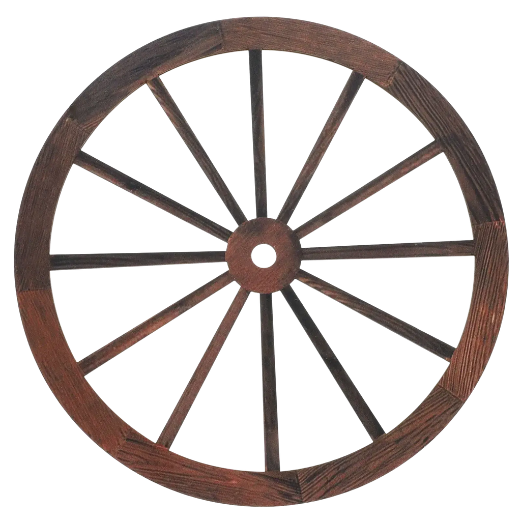 Dark brown rustic wooden wagon wheel wall decor with handcrafted appearance and visible wood grain details