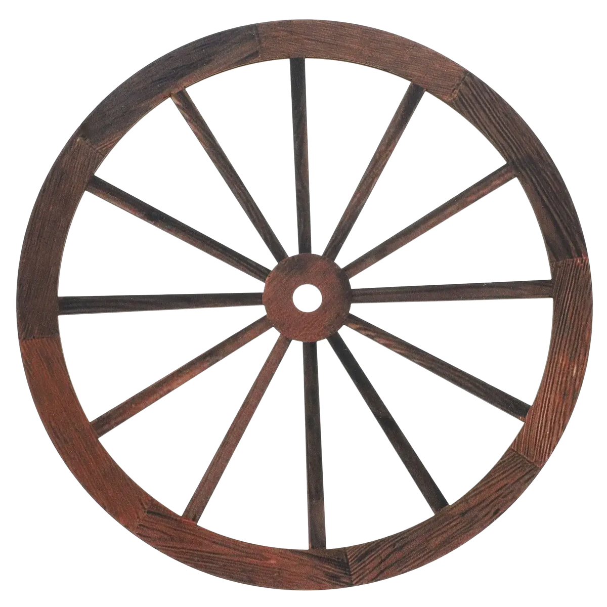 Dark brown rustic wooden wagon wheel wall decor with handcrafted appearance and visible wood grain details
