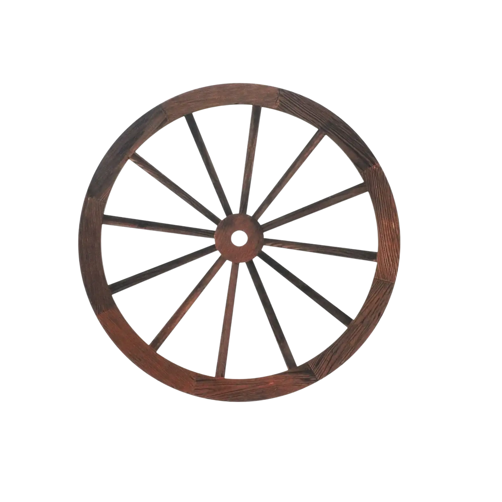 Dark brown wooden wagon wheel wall decor with rustic handcrafted design and radial spokes for decorative use