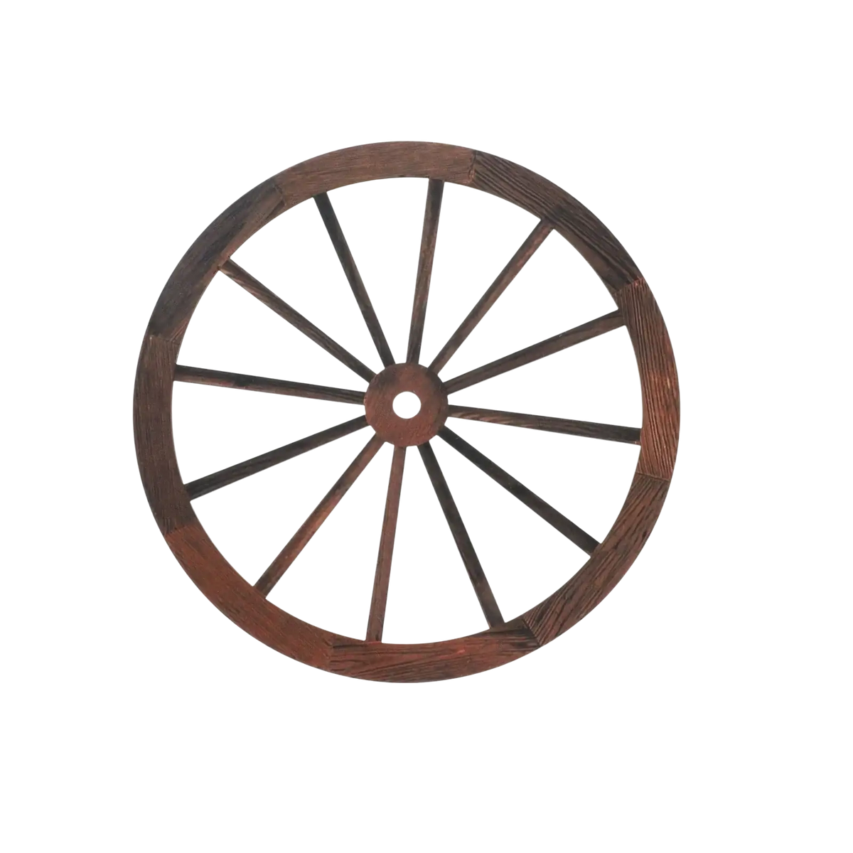 Dark brown wooden wagon wheel wall decor with rustic handcrafted design and radial spokes for decorative use