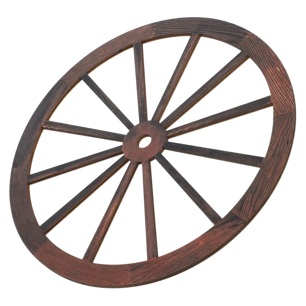 Rustic wooden wagon wheel wall decor in dark brown with handcrafted appearance and visible wood grain