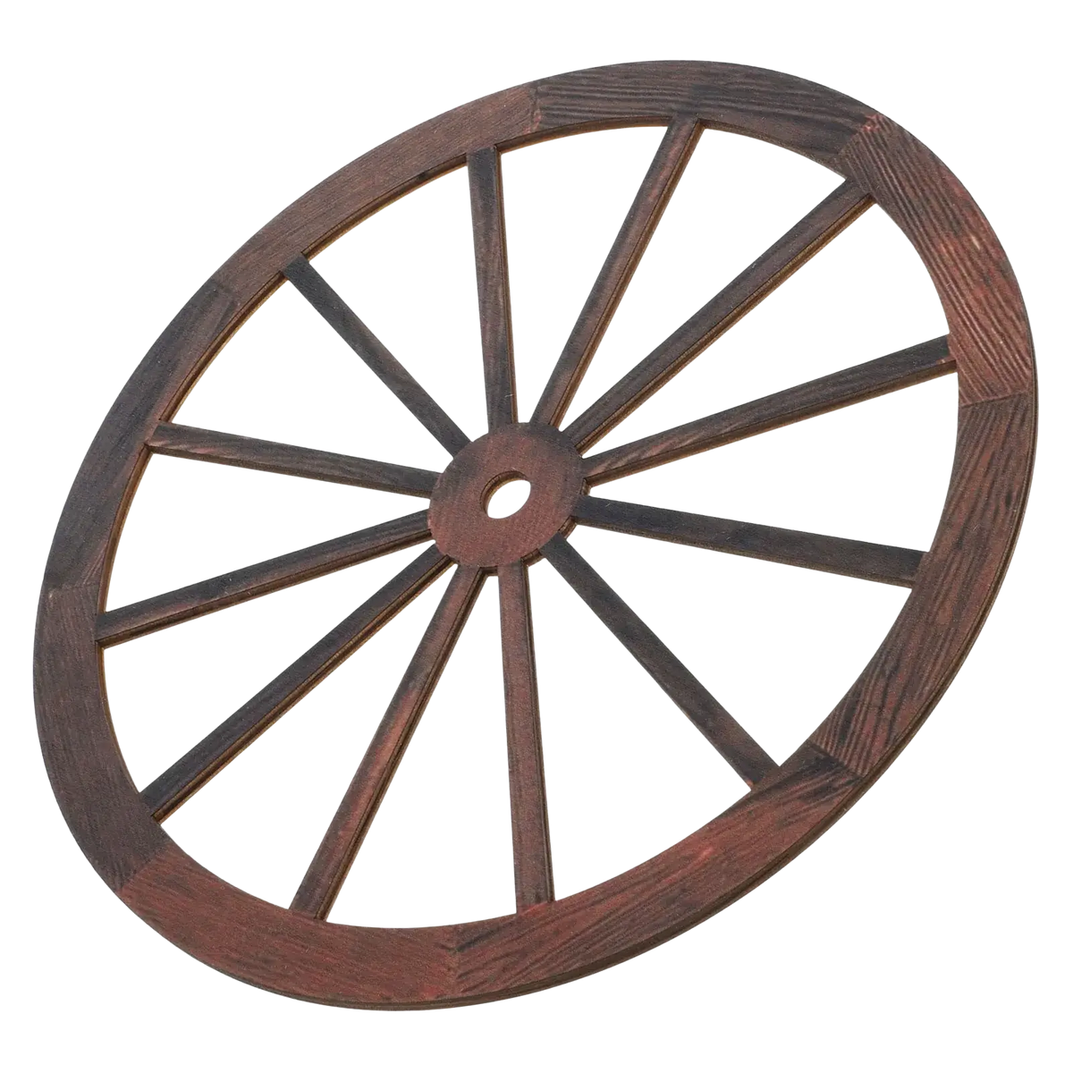 Rustic wooden wagon wheel wall decor in dark brown with handcrafted appearance and visible wood grain