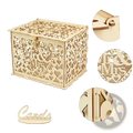 Rustic wooden wedding card box in light wood with intricate laser-cut heart shaped mr and mrs design and lock