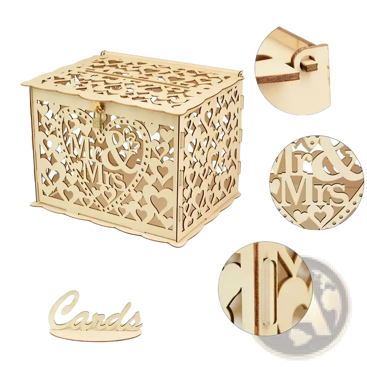 Rustic wooden wedding card box in light wood with intricate laser-cut heart shaped mr and mrs design and lock