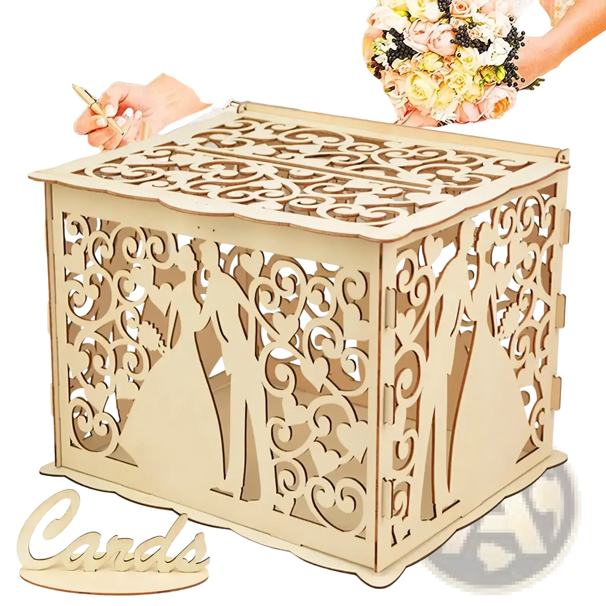 Rustic beige wooden wedding card box with intricate couple cut-out designs and lock for secure card storage