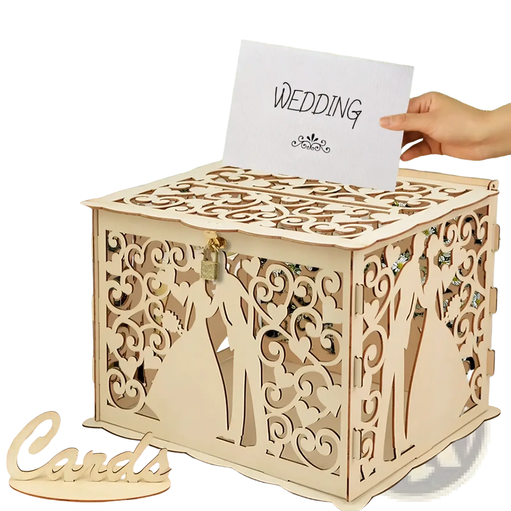 Beige laser-cut wooden wedding card box with intricate scrollwork bride and groom silhouette and lock for rustic decor