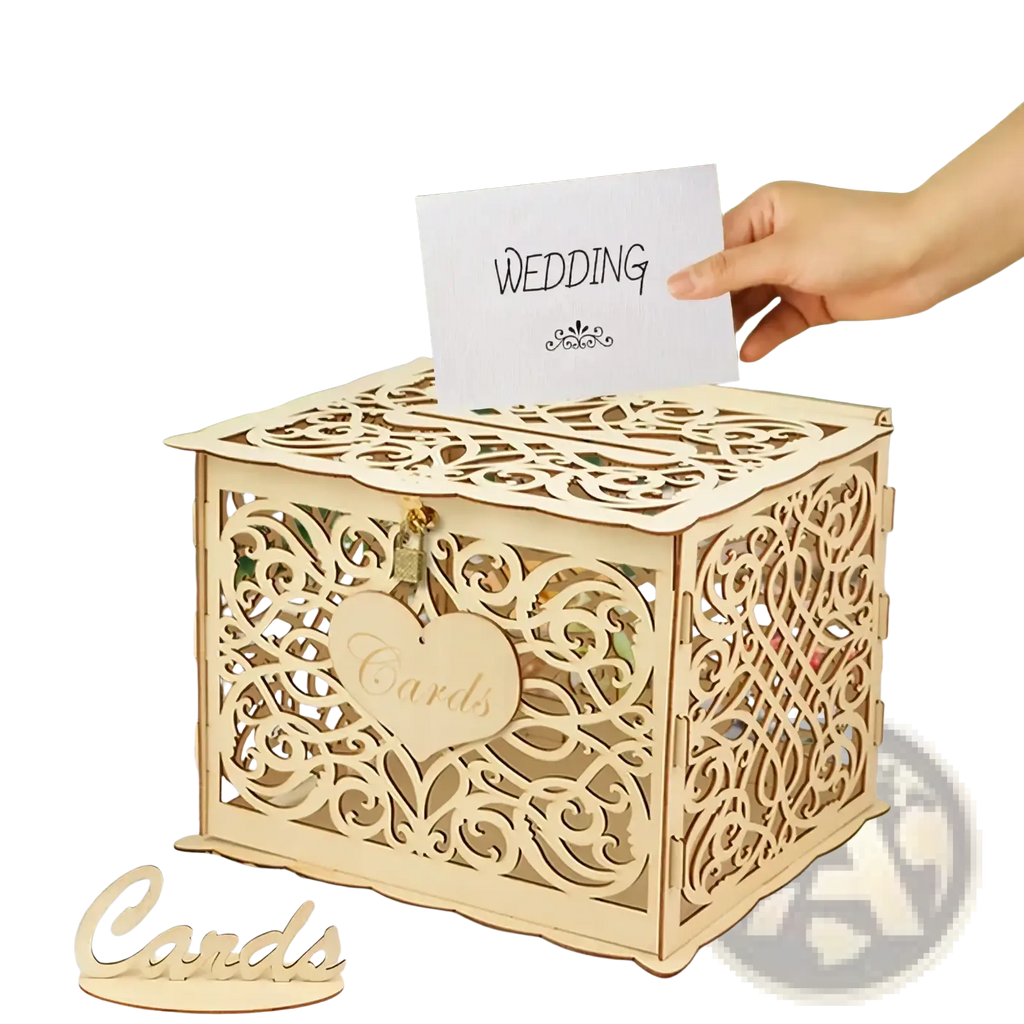 Rustic wooden wedding card box with lock gold color intricate lace-like cutouts and heart-shaped plaque engraved cards