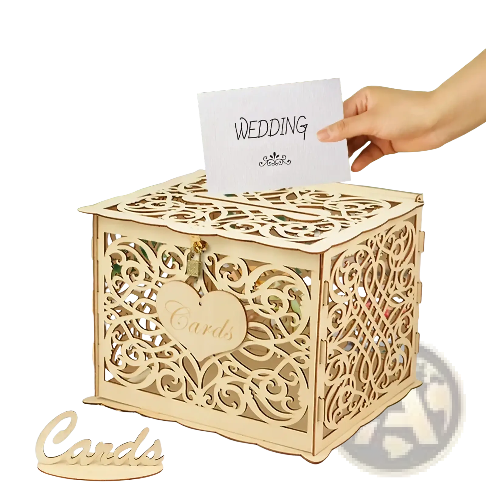 Rustic wooden wedding card box with lock gold color intricate lace-like cutouts and heart-shaped plaque engraved cards