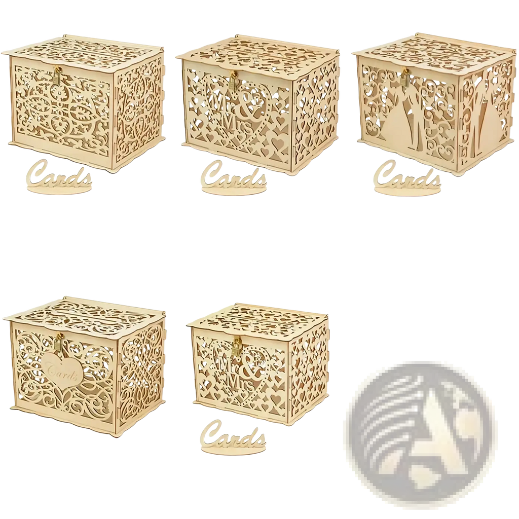 Elegant gold-finished wooden wedding card box with intricate laser-cut floral and heart patterns for rustic weddings