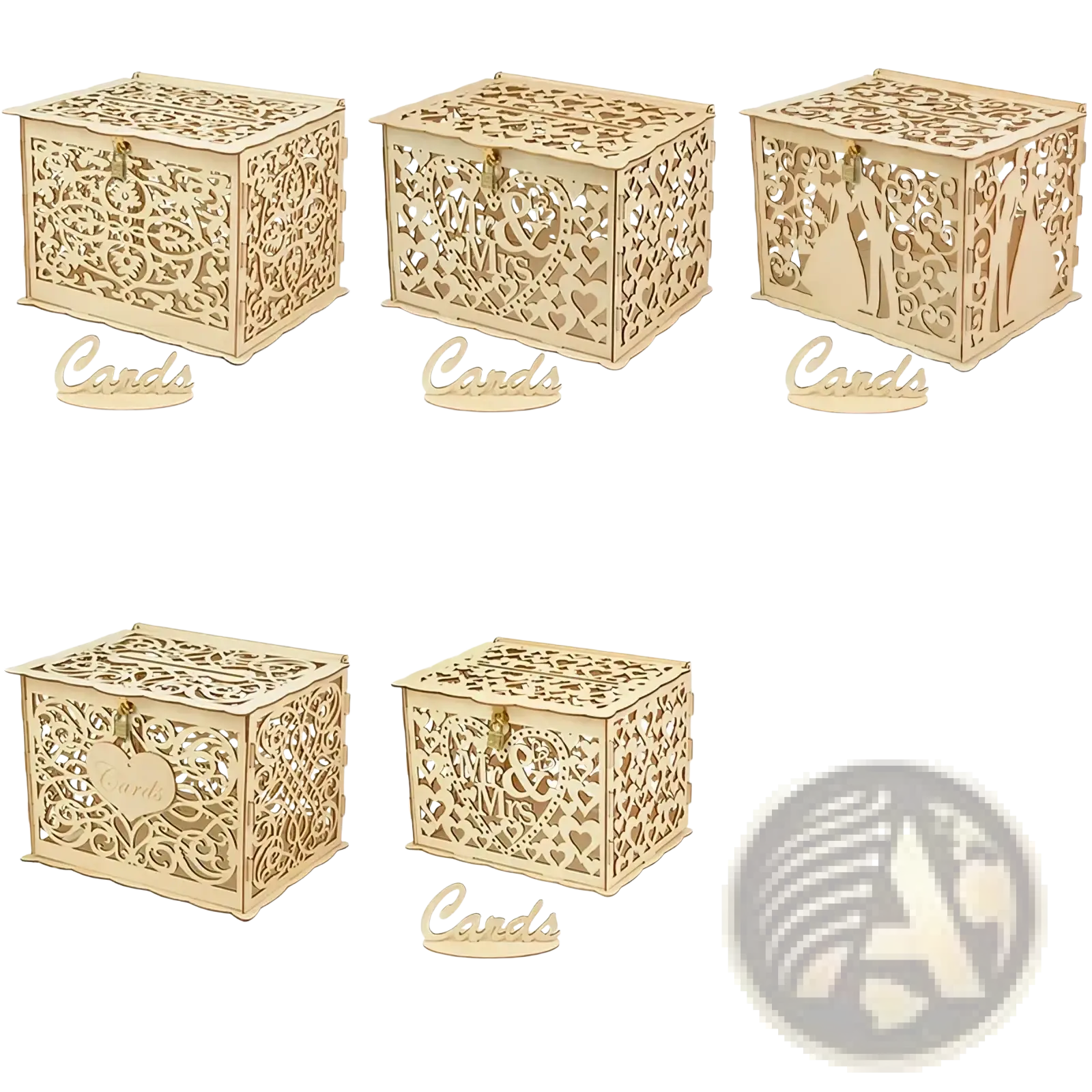 Elegant gold-finished wooden wedding card box with intricate laser-cut floral and heart patterns for rustic weddings