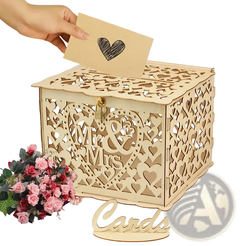 Rustic wooden wedding card box in light wood with intricate heart and mr and mrs laser cut designs and lock
