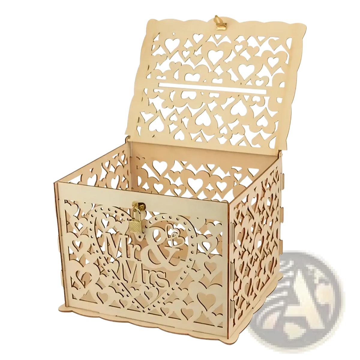 A light wood rustic wooden wedding card box with intricate heart-shaped cutouts and mr detail with lock and sign