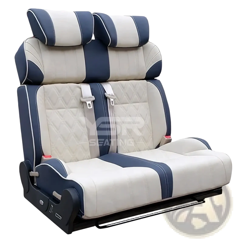 Blue and beige quilted rv rock and roll seat bed with stitched pu leather detailing for ysr seating