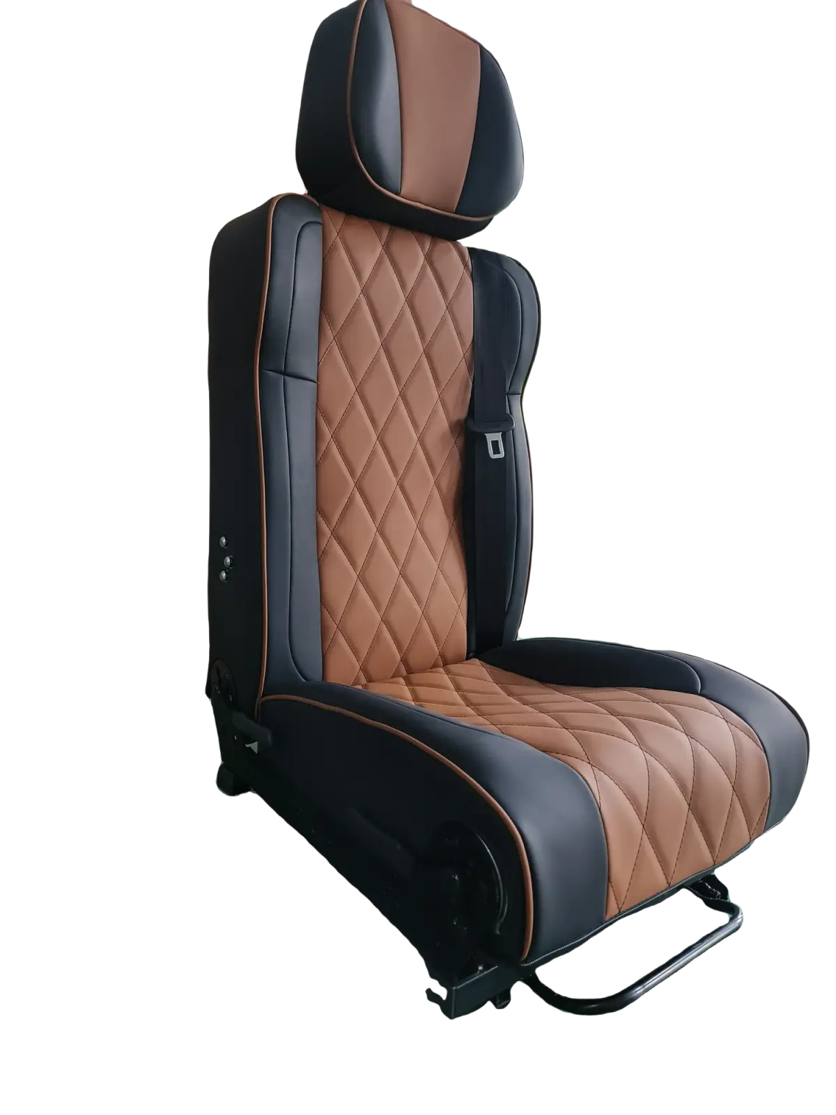 Black and tan quilted leather rv rock and roll seat bed with diamond-stitched pattern in pu leather upholstery