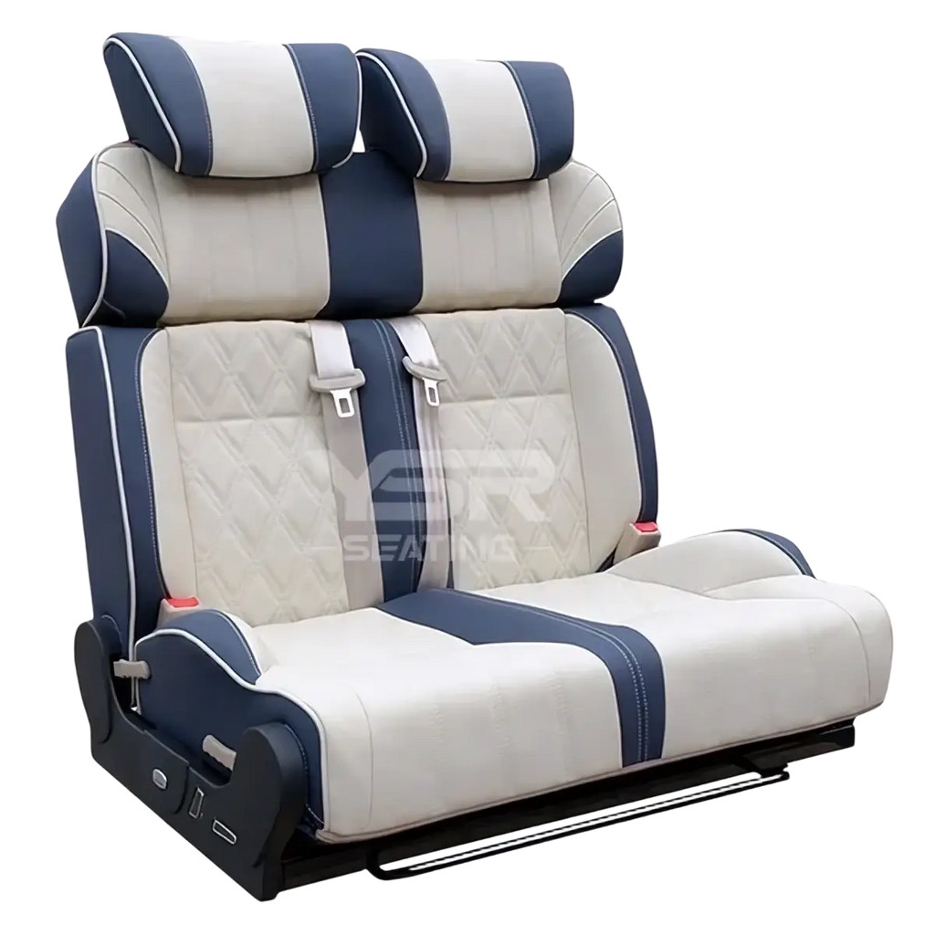 Blue and beige quilted rv rock and roll seat bed with stitched pu leather detailing for ysr seating