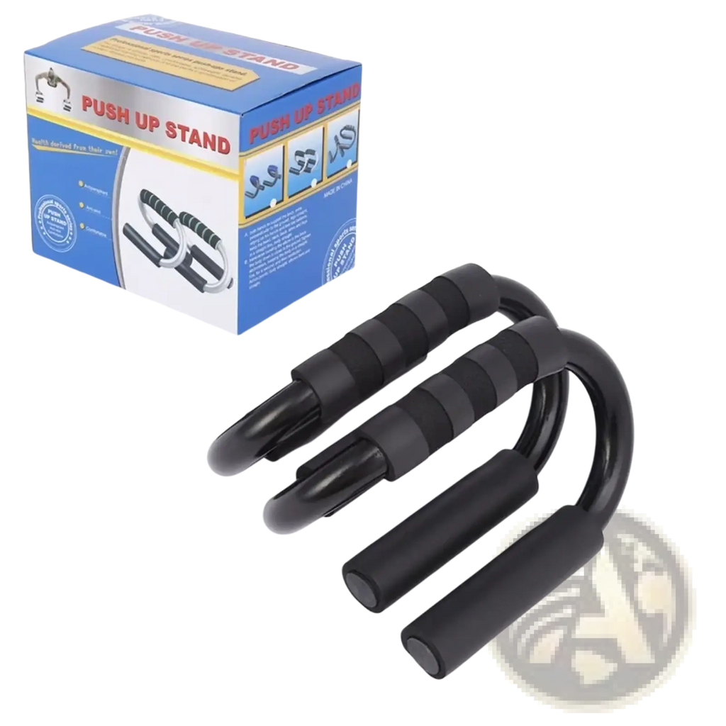 Black plastic s-shaped push up bars with textured non-slip grip handles for fitness exercises