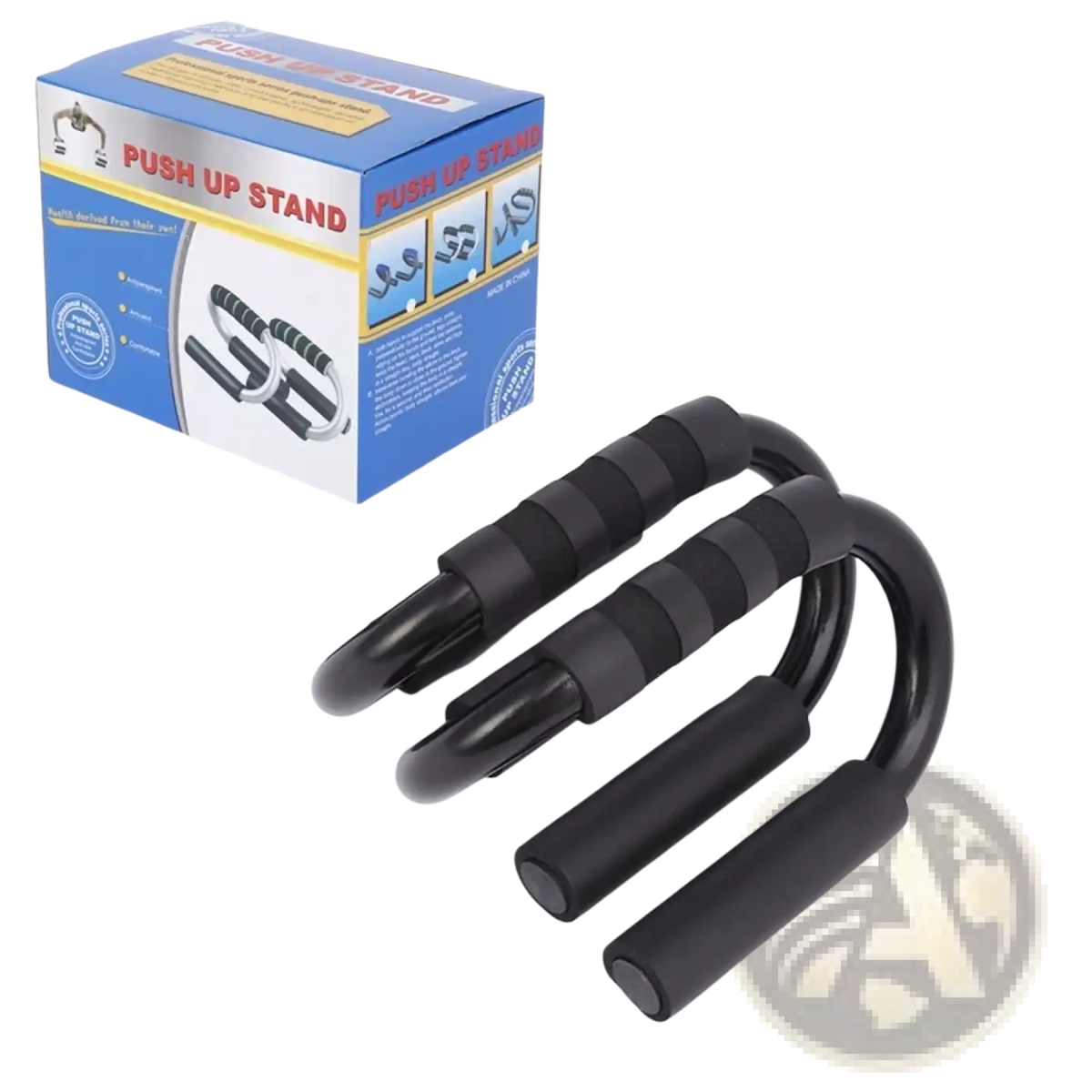 Black plastic s-shaped push up bars with textured non-slip grip handles for fitness exercises